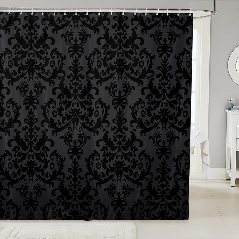 Erosebridal Adults Gothic Damask Shower Curtain Antique Victorian Baroque Bathroom Curtain 72″ Wx72 L Black Grey Greenish Vintage Floral Bathroom Accessories Bohemian Exotic Decor 12 Hooks