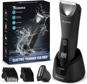 Pubic & Body Hair Trimmer for Men, 2 In 1 Electric Ball Groin Razor Shaver with Ceramic Blade, No Nick Mens Grooming Kit for Wet/Dry Use, Cordless Charging Body Groomer with Led Display, Black