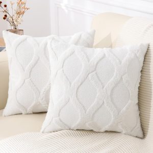 decorUhome Fall Throw Pillow Covers 18×18 Inch Set of 2, Soft Plush Faux Fur Wool Cream White Accent Couch Pillow Covers for Modern Farmhouse Bed Sofa Living Room