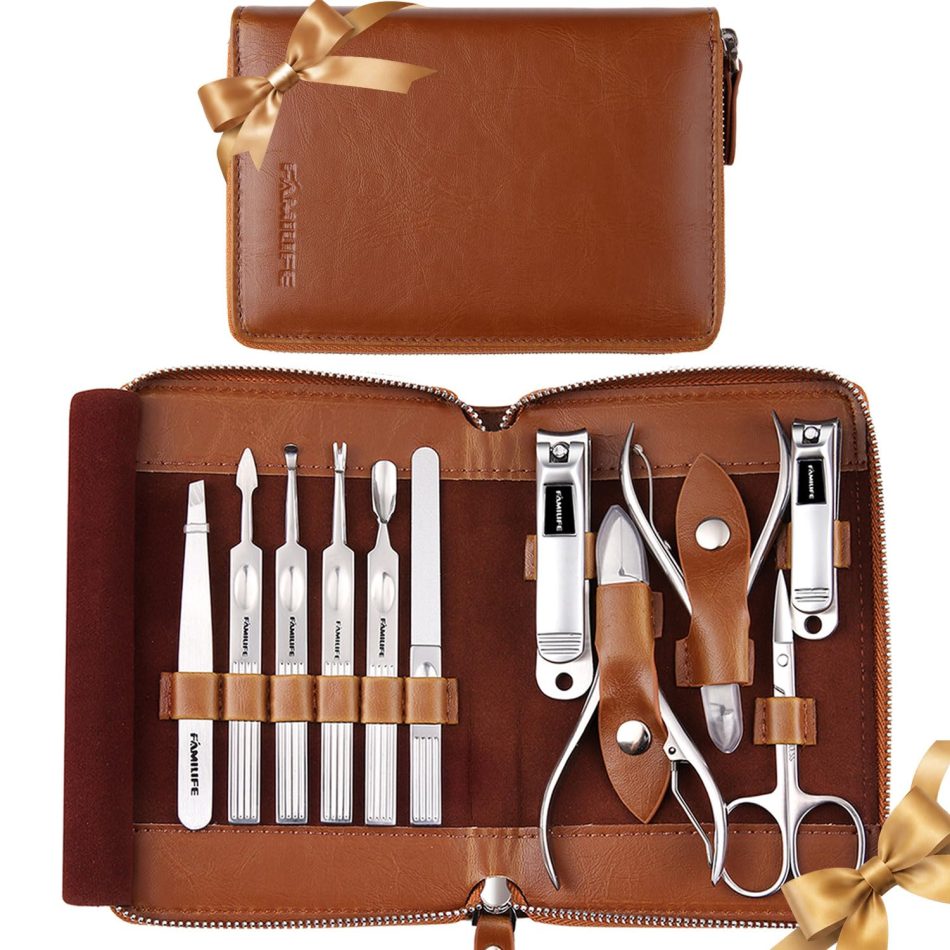 FAMILIFE Manicure Set, 11 in 1 Professional Manicure Kit Nail Clippers Set, Stainless Steel Pedicure Tools Toe Nail Kit, Men Grooming Tool with Portable Brown Leather Travel Case Gifts for Men Women