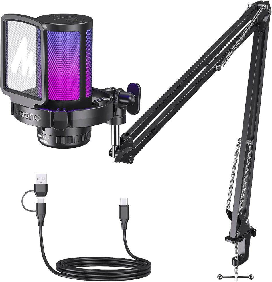 MAONO DGM20S Gaming Microphone for PC with Clear Voice & Noise Reduction | RGB Lighting, Tap-to-mute, Gain Control, Headphone Monitoring and Boom Arm for Discord Gaming, Streaming, Content Creation