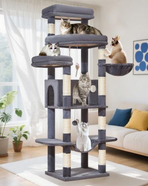 Taoqimiao 71 Inches Cat Tree for Large Cats 20lbs+, 3 Giant Perches, Multi-Level Cat Tree Tower, Widened Cat Condo with 9 Scratching Posts, Luxurious Hammcock & Basket, Smoky Gray, MS034G