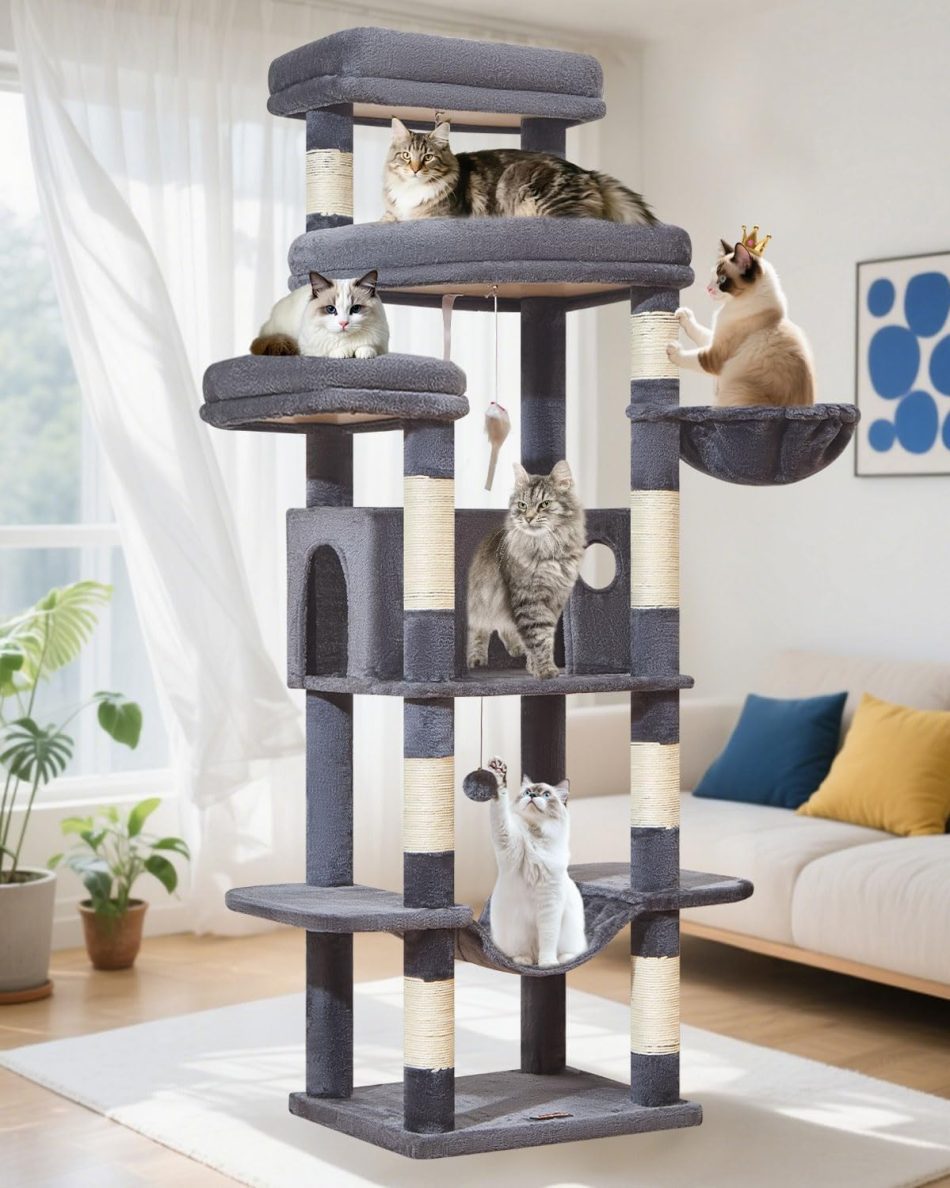Taoqimiao 71 Inches Cat Tree for Large Cats 20lbs+, 3 Giant Perches, Multi-Level Cat Tree Tower, Widened Cat Condo with 9 Scratching Posts, Luxurious Hammcock & Basket, Smoky Gray, MS034G