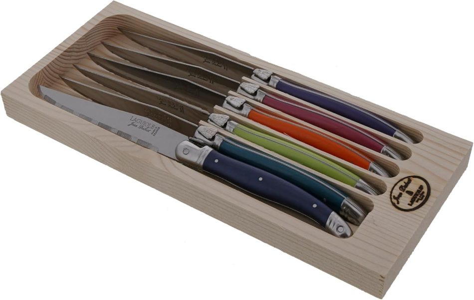 Jean Dubost Laguiole 6-Piece Steak Knife Set, Paris Colors Handles – 1.2 mm Blades – Rust-Resistant Stainless Steel – Includes Wooden Tray – Made in France
