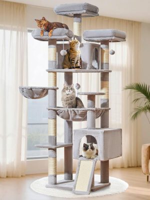 Taoqimiao 76-Inch Cat Tree XXL for Large Cats, Giant Cat Tower with Scratching Board, Extra-Large Metal Hammock, 3 Perches, 7 Sisal Posts, 2 Big Condos, Hanging Basket, Light Gray, MS047W