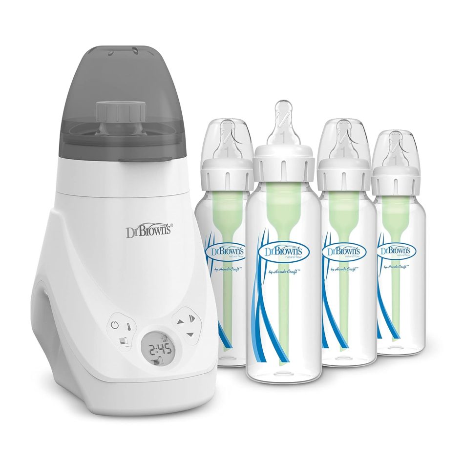 Dr. Brown’s Deluxe Baby Bottle Warmer and Sterilizer, for Baby Bottles and Baby Food Jars with Anti-Colic Options+ Narrow Baby Bottles 8 oz/2500 mL, with Level 1 Slow Flow Nipple, 4 Pack, 0m+