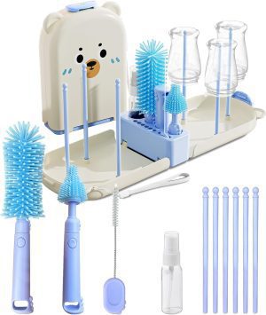 Blue Travel Bottle Cleaner Kit with Drying Rack – 6-in-1 Baby Bottle Washer & Silicone Brush Set for Pump Parts, Nipples & Straws – Portable Baby Travel Essential in Compact Case