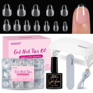 Misssix Extra Short Almond Gel Nail Tips Kit, 216Pcs Pre Etched Clear Fake Nails, Full Cover False Nail 9-in-1 Gel Glue and Portable Mini U V Nail Lamp for Women 12 Sizes