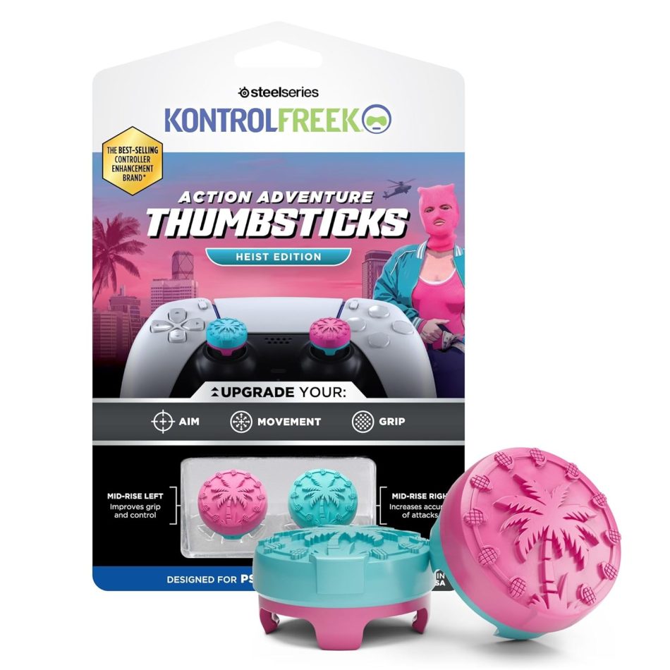 KontrolFreek Performance Thumbsticks – Heist Edition – For Playstation 5 (PS5) and Playstation 4 (PS4) Controller – Blue/Pink