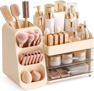 Booklov Makeup Organizer for Vanity, Large Capacity Cosmetic Display Case with Clear Acrylic Drawer, Countertop Beauty Storage Holder for Skincare, Brush Eyeshadow Lipstick Counter Desk, Crystal Cream