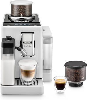 De’Longhi Rivelia Automatic Espresso Machine with Grinder & Milk Frother – All-in-One Coffee Maker, Hot & Iced Latte, Cappuccino, Bean Switch System, Burr Grinder, Compact Italian Design, White
