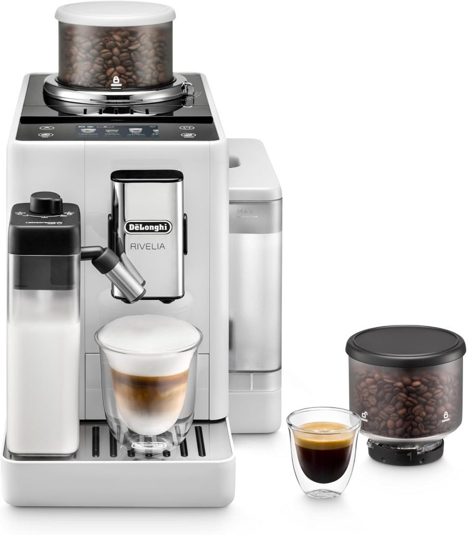 De’Longhi Rivelia Automatic Espresso Machine with Grinder & Milk Frother – All-in-One Coffee Maker, Hot & Iced Latte, Cappuccino, Bean Switch System, Burr Grinder, Compact Italian Design, White