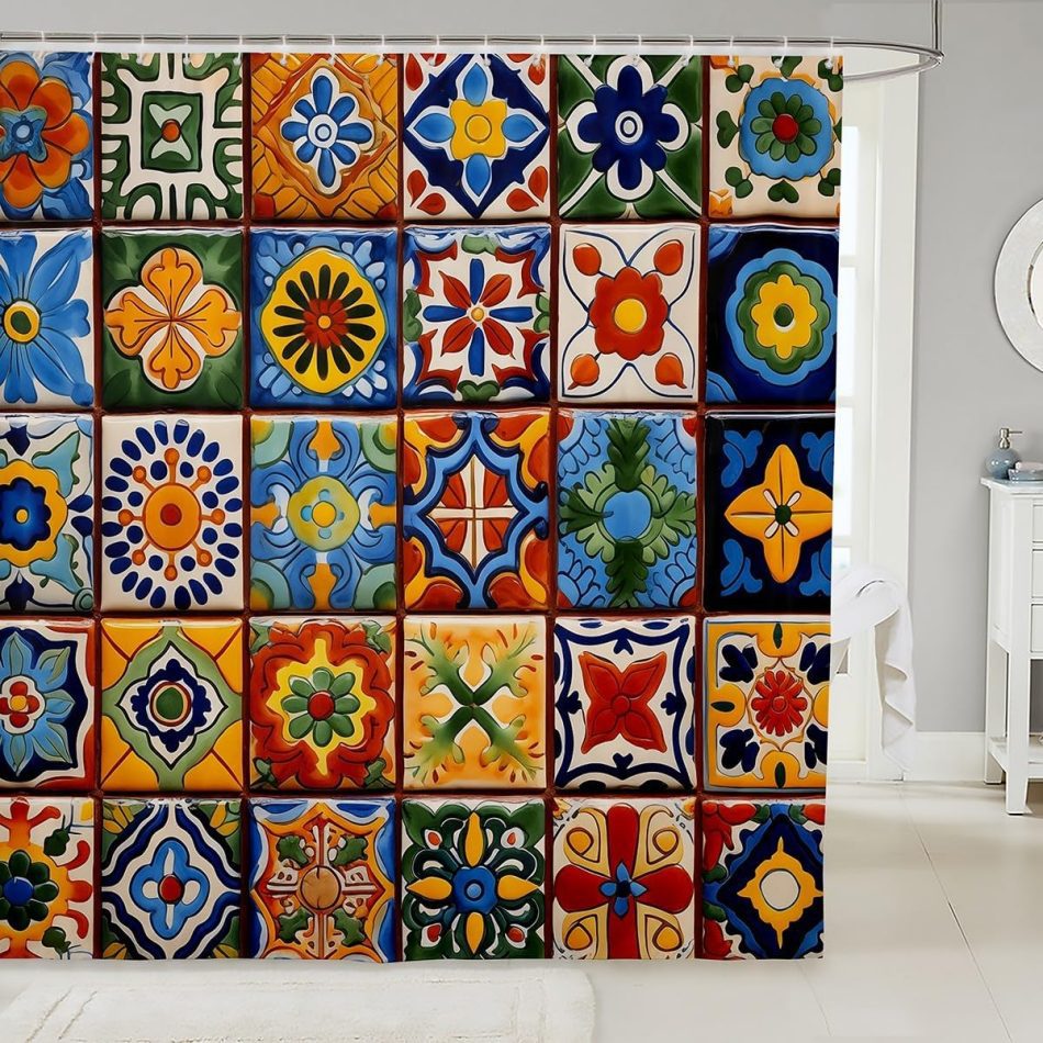 Erosebridal Mexican Talavera Tile Shower Curtain Set,Exotic Ethnic Boho Style Bathroom Set for Kids Adults,Colorful Bohemian Bathroom Decor Geometric Flower Fabric Shower Curtain 72″ Wx72 L