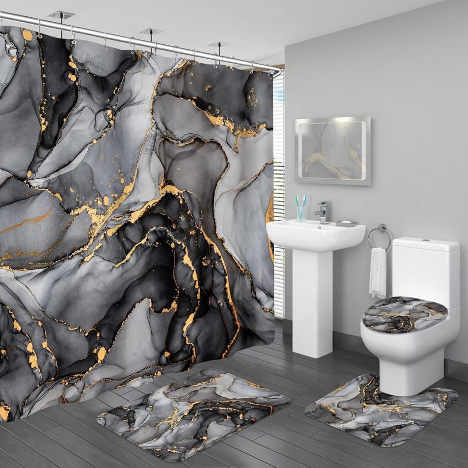 4PCS Black Grey Marble Bathroom Sets with Shower Curtain and Rugs, Abstract Shower Curtain Sets with Rugs, Modern Bathroom Curtains Shower Set Accessories with Toilet Lid Cover