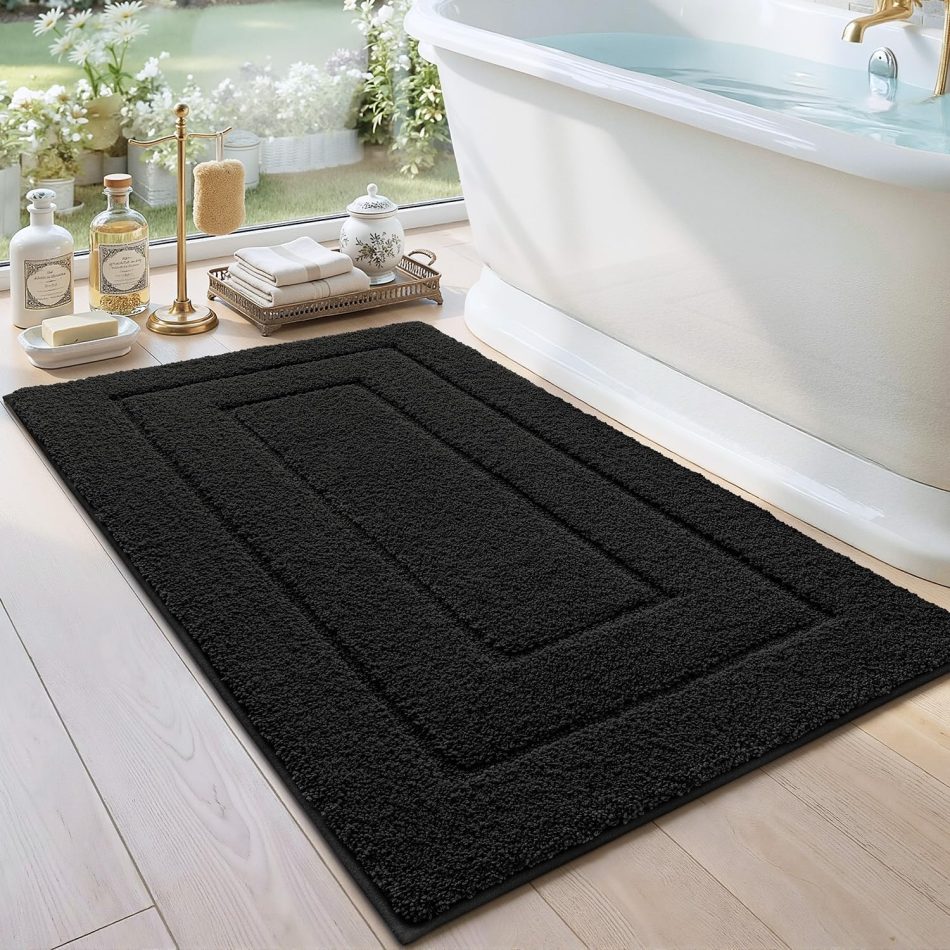 DEXI Bathroom Rug 43×24, Non Slip Washable Bath Mat for Shower Floor, Extra Large Absorbent Soft Bathmat with Rubber Backing, Quick Dry Microfiber Carpet, Black