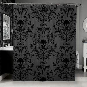 Gothic Shower Curtain Set Black Damask Fabric Shower Curtain Antique Victorian Vintage Floral Exotic Sugar Skull Bathroom Decor 72″Wx72″L,Skeleton Boho Baroque Decor Housewarming Gift,Charcoal Grey