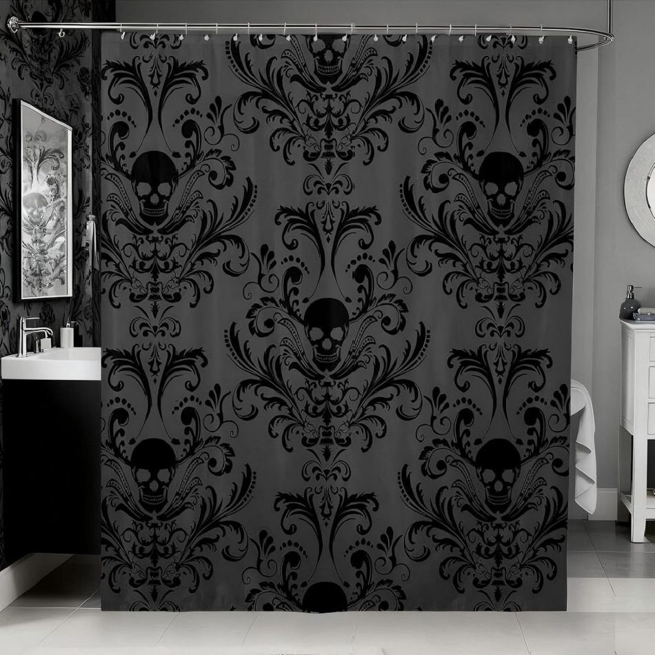 Gothic Shower Curtain Set Black Damask Fabric Shower Curtain Antique Victorian Vintage Floral Exotic Sugar Skull Bathroom Decor 72″Wx72″L,Skeleton Boho Baroque Decor Housewarming Gift,Charcoal Grey