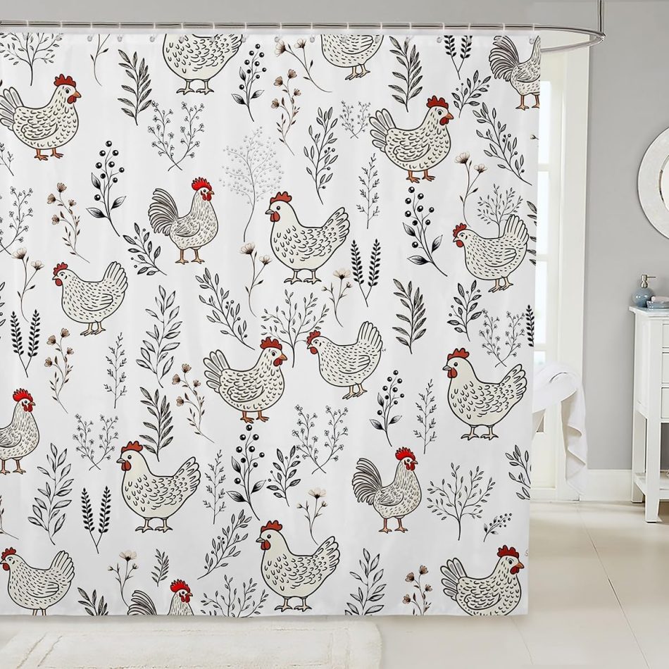 Erosebridal Rustic Chicken Shower Curtain Set,Farm Rooster Chickens Bathroom Decor for Kids Girls Boys,Vintage Floral Bathroom Set,Farmhouse Animal Fabric Shower Curtain 72″ Wx72 L