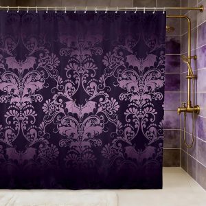 Damask Gothic Shower Curtain Set Antique Victorian Fabric Shower Curtain 72″Wx72″L,Vintage Floral Goth Bathroom Shower Curtain Bat Bats Sugar Skull Bone Skeleton Bohemian Baroque Decor,Purple Lilac
