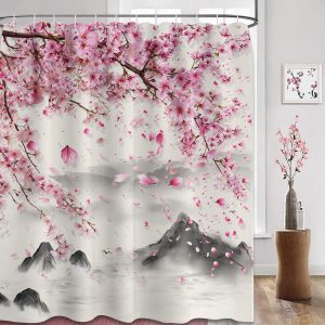 Cherry Blossom Shower Curtain, Pink and Grey, 70×72 Inch | Japanese Anime Pink Floral Design, Waterproof Cloth Fabric, Includes Hooks, Bathroom Decor Sets