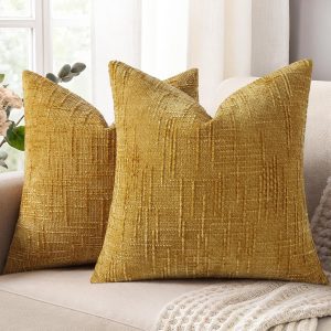 decorUhome Fall Mustard Yellow Chenille Throw Pillow Covers 18×18 Set of 2 Textured Soft Cozy Slubby Couch Pillow Covers Modern Farmhouse Boho Decorative Pillow Cases for Bed Sofa Living Room