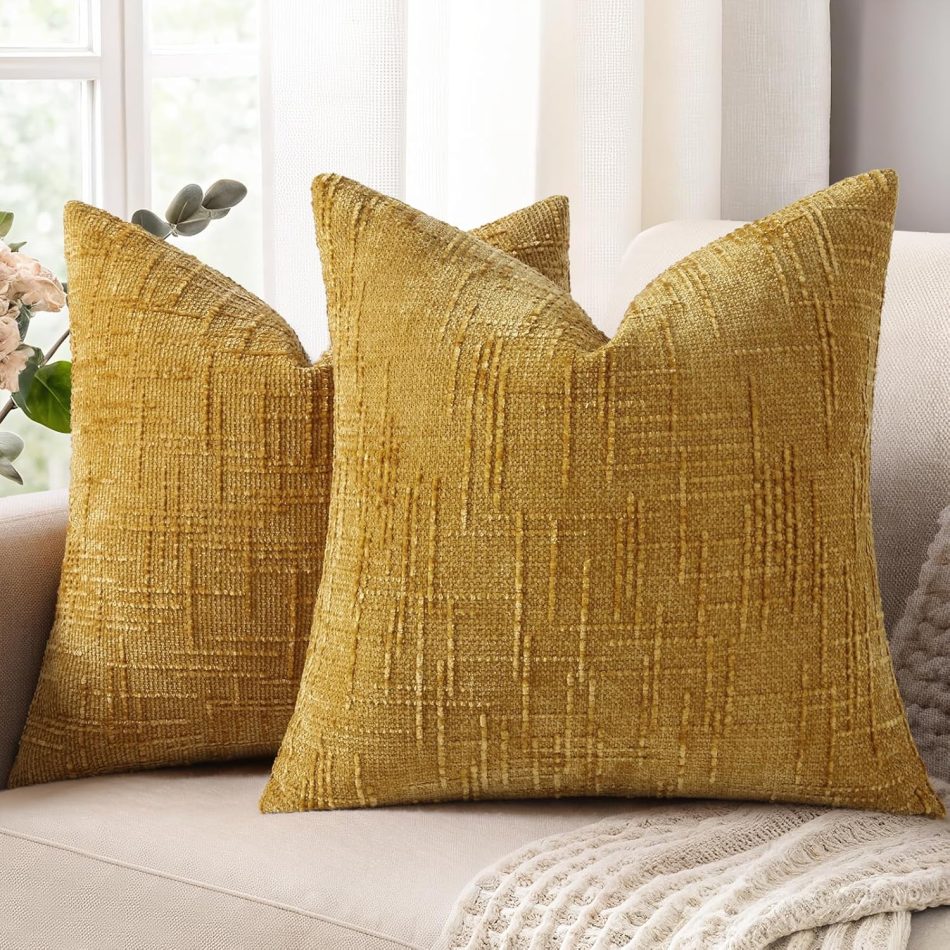 decorUhome Fall Mustard Yellow Chenille Throw Pillow Covers 18×18 Set of 2 Textured Soft Cozy Slubby Couch Pillow Covers Modern Farmhouse Boho Decorative Pillow Cases for Bed Sofa Living Room