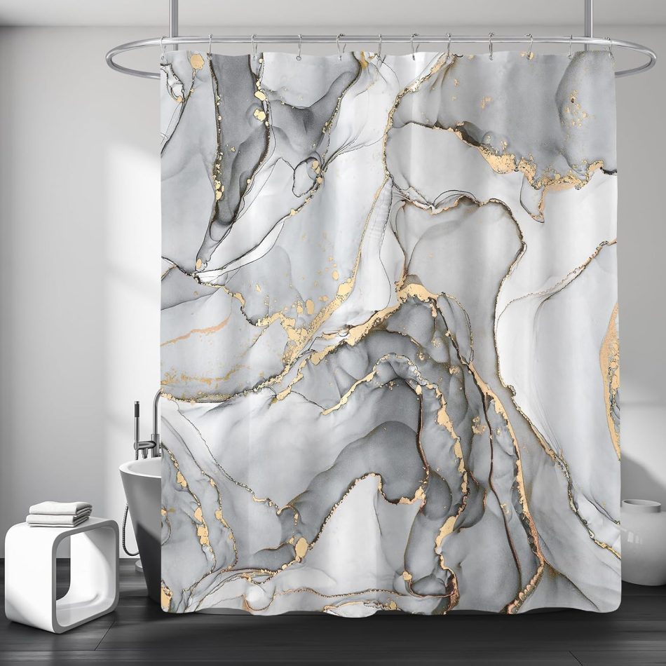 Grey Marble Shower Curtain, Modern Abstract Fabric Shower Curtains for Bathroom, Luxury Art Decor Silver Gray Gold Ink Texture Watercolor Shower Curtain Set with Hooks 72×72