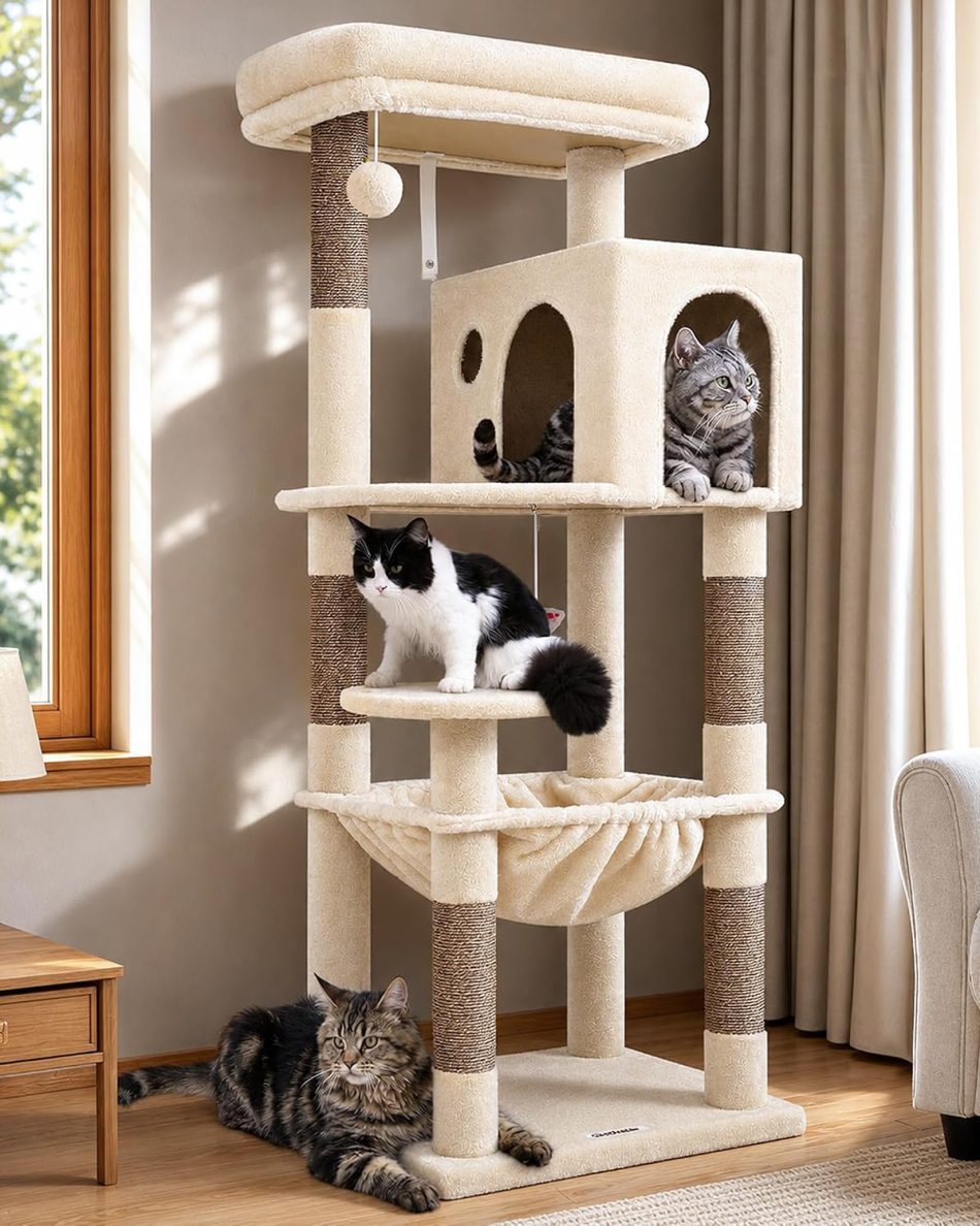 Globlazer Cat Tree Tower with Scratching Post for Indoor Cats, 53inch Tall Plush Multi-Level Cat Climbing Tower Condo House with Large Hammock, Spacious Cat Cave, Big Padded Top Perch Bed, F53, Beige