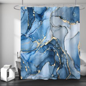 Blue Marble Shower Curtain, Modern Abstract Fabric Shower Curtain for Bathroom, Luxury Art Decor Blue Gold Ink Texture Watercolor Shower Curtain Set with Hooks 72×72