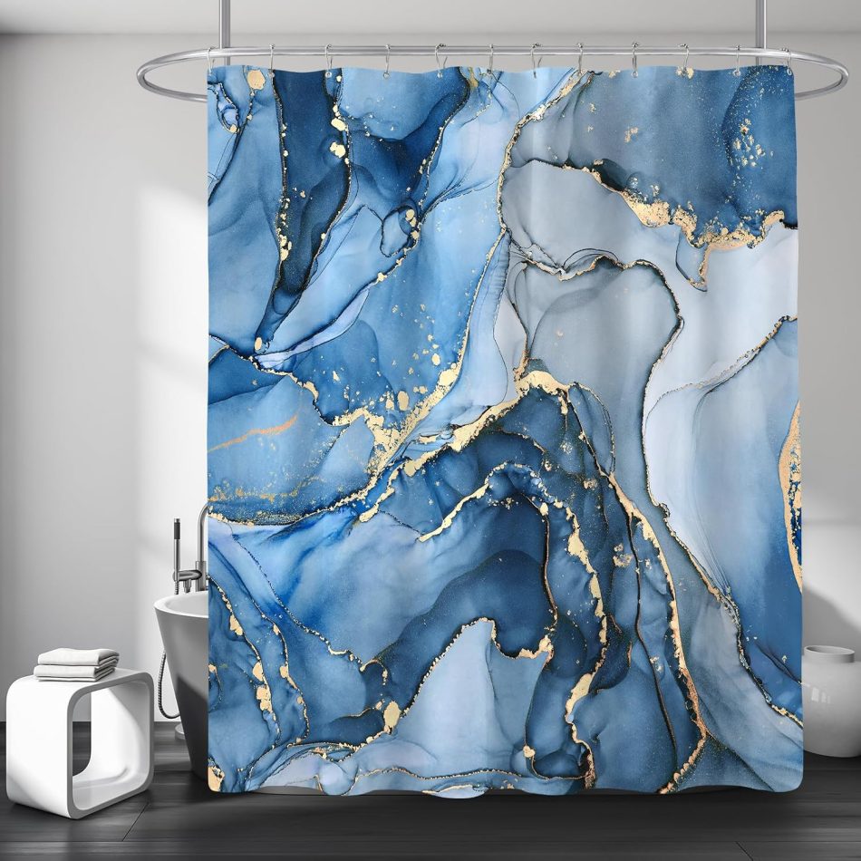 Blue Marble Shower Curtain, Modern Abstract Fabric Shower Curtain for Bathroom, Luxury Art Decor Blue Gold Ink Texture Watercolor Shower Curtain Set with Hooks 72×72