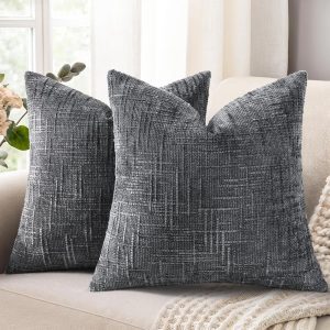 decorUhome Fall Dark Grey Chenille Throw Pillow Covers 18×18 Set of 2 Textured Soft Cozy Slubby Couch Pillow Covers Modern Farmhouse Boho Decorative Pillow Cases for Bed Sofa Living Room