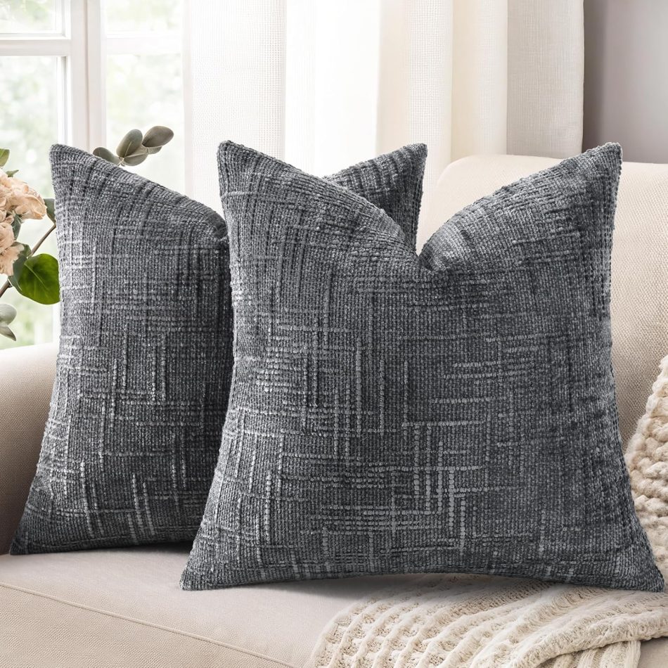 decorUhome Fall Dark Grey Chenille Throw Pillow Covers 18×18 Set of 2 Textured Soft Cozy Slubby Couch Pillow Covers Modern Farmhouse Boho Decorative Pillow Cases for Bed Sofa Living Room