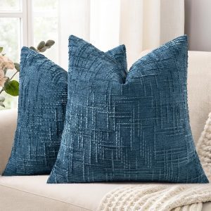 decorUhome Fall Navy Blue Chenille Throw Pillow Covers 18×18 Set of 2 Textured Soft Cozy Slubby Couch Pillow Covers Coastal Modern Farmhouse Boho Decorative Pillow Cases for Bed Sofa Living Room
