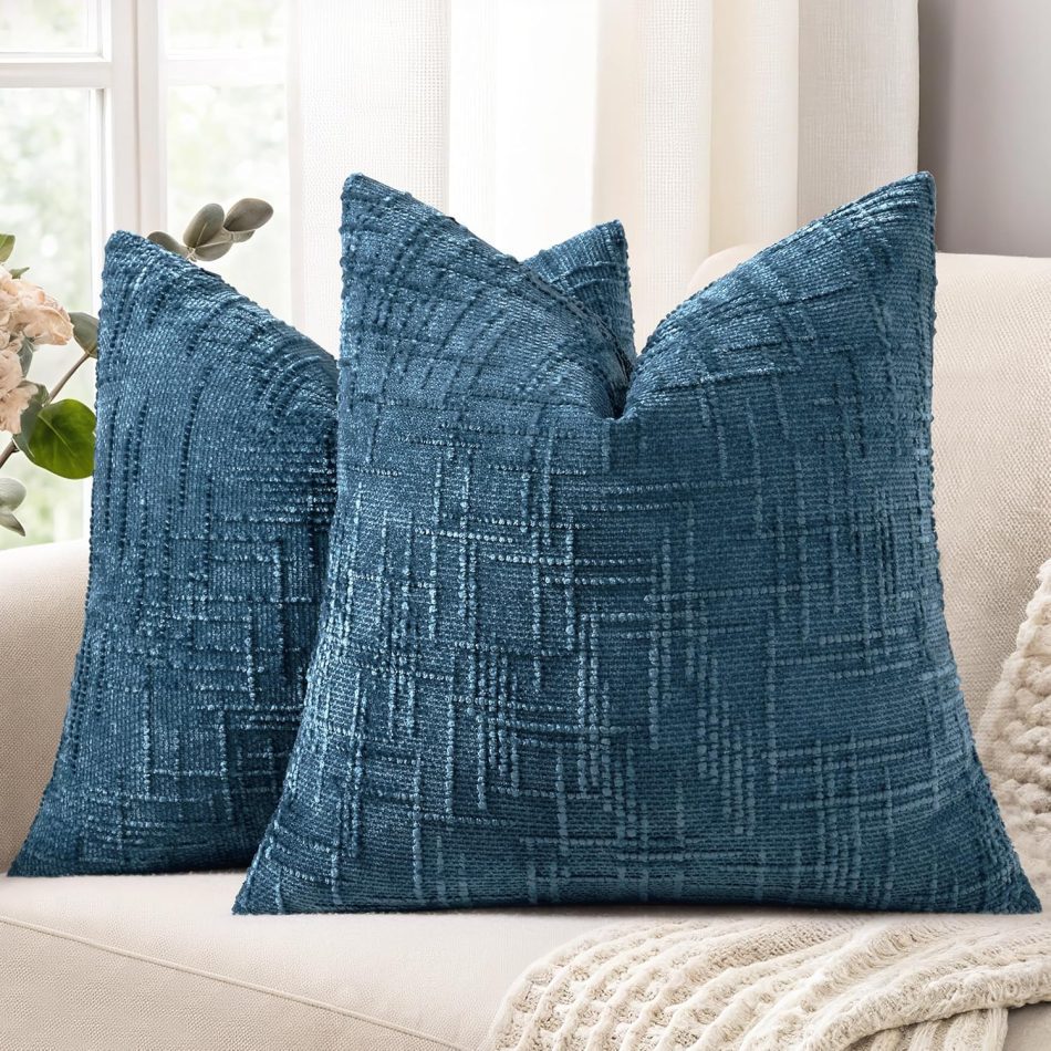 decorUhome Fall Navy Blue Chenille Throw Pillow Covers 18×18 Set of 2 Textured Soft Cozy Slubby Couch Pillow Covers Coastal Modern Farmhouse Boho Decorative Pillow Cases for Bed Sofa Living Room