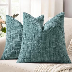 decorUhome Fall Teal Chenille Throw Pillow Covers 18×18 Set of 2 Textured Soft Cozy Slubby Couch Pillow Covers Modern Farmhouse Boho Decorative Pillow Cases for Bed Sofa Living Room