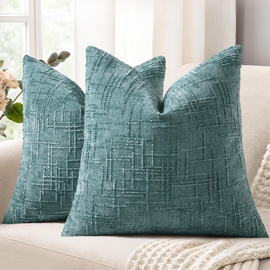 decorUhome Fall Teal Chenille Throw Pillow Covers 18×18 Set of 2 Textured Soft Cozy Slubby Couch Pillow Covers Modern Farmhouse Boho Decorative Pillow Cases for Bed Sofa Living Room