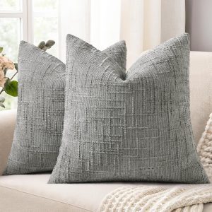 decorUhome Fall Neutral Grey Chenille Throw Pillow Covers 18×18 Set of 2 Textured Soft Cozy Slubby Couch Pillow Covers Modern Farmhouse Boho Decorative Pillow Cases for Bed Sofa Living Room