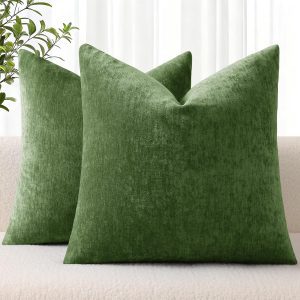 decorUhome Fall Chenille Moss Green Throw Pillow Covers 18×18 Inch Set of 2, Decorative Soft Couch Pillow Covers Solid Dyed Accent Farmhouse Neutral Square Pillow Cases for Sofa