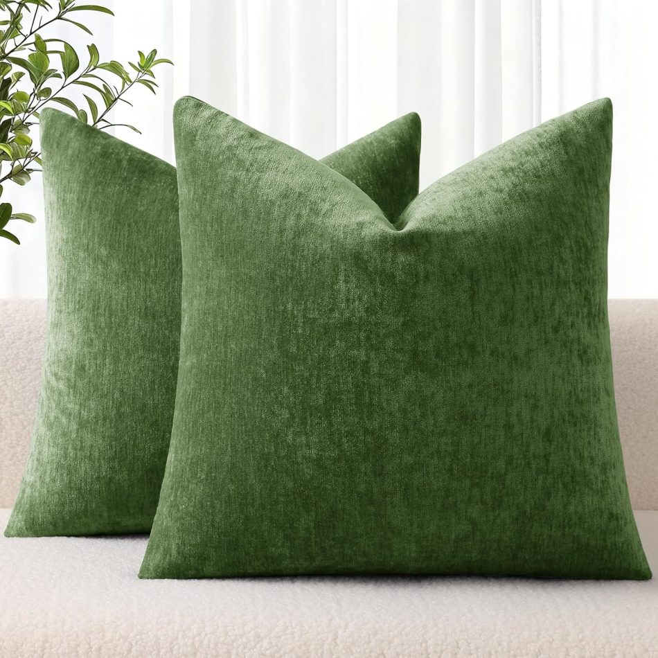 decorUhome Fall Chenille Moss Green Throw Pillow Covers 18×18 Inch Set of 2, Decorative Soft Couch Pillow Covers Solid Dyed Accent Farmhouse Neutral Square Pillow Cases for Sofa
