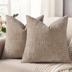 decorUhome Fall Oatmeal Chenille Throw Pillow Covers 18×18 Set of 2 Textured Soft Cozy Slubby Couch Pillow Covers Modern Farmhouse Boho Decorative Pillow Cases for Bed Sofa Living Room